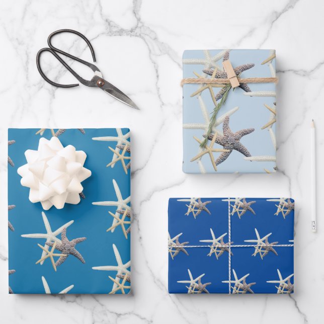 Feuille De Papier Cadeau Etoiles de mer tons bleu (Recto)