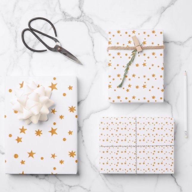Feuille De Papier Cadeau Étoiles de Noël blanc et or (Recto)