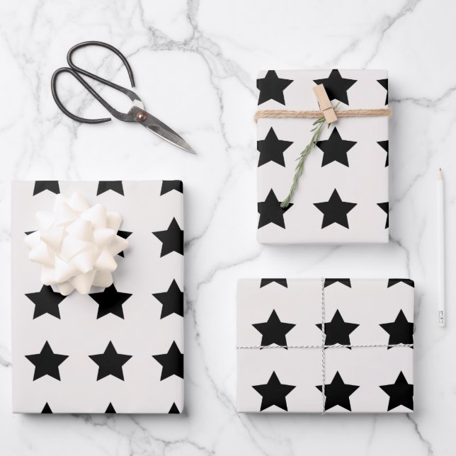 Feuille De Papier Cadeau Étoiles de Noël Motif blanc noir (Recto)