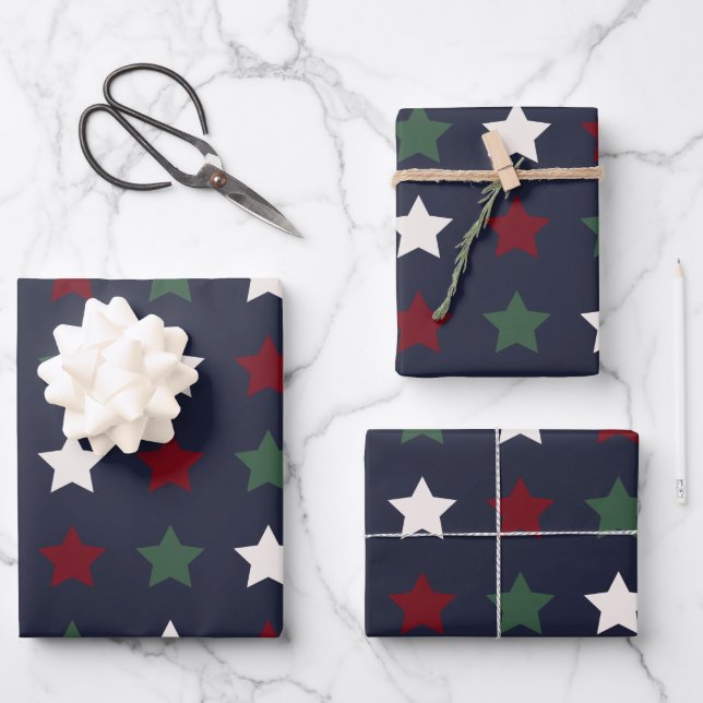 Feuille De Papier Cadeau Étoiles de Noël Motif Bleu Blanc Rouge (Recto)