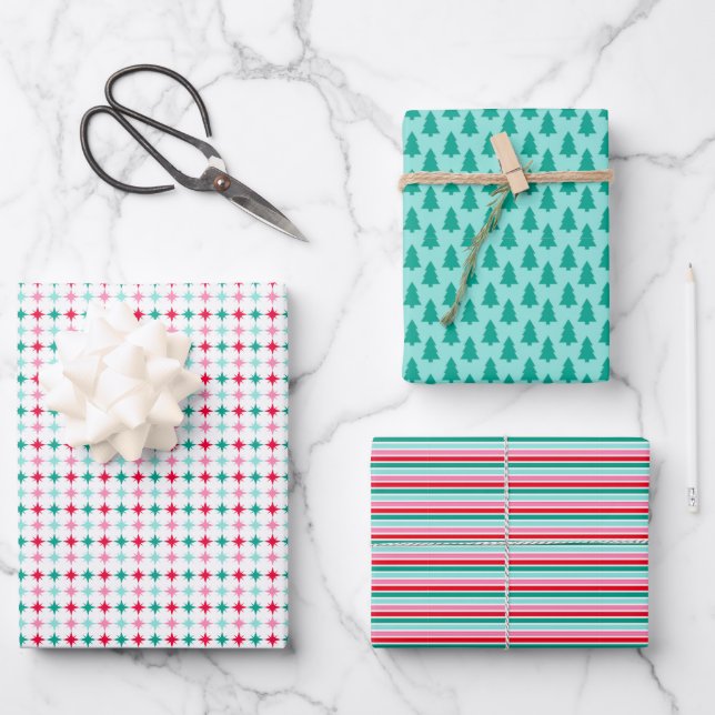 Feuille De Papier Cadeau Étoiles de Noël rétro, Arbres, Rayures (Recto)