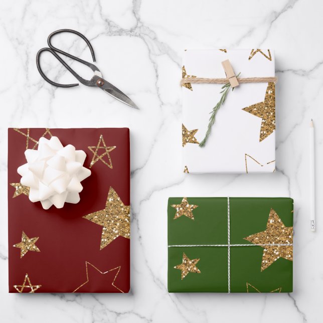 Feuille De Papier Cadeau Étoiles de Parties scintillant Red Gold (Recto)