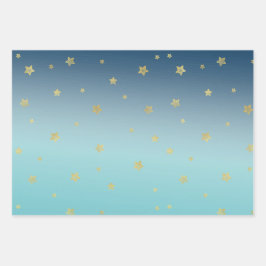 Feuille De Papier Cadeau Etoiles d'or bleu Aqua