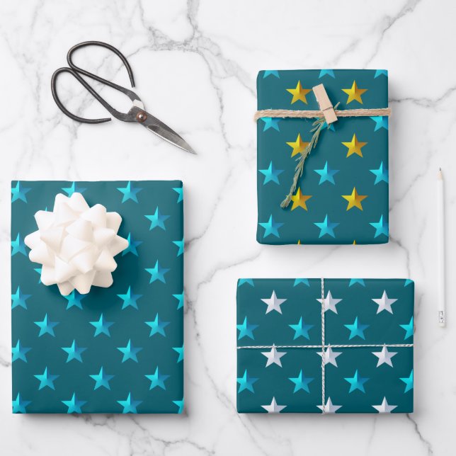 Feuille De Papier Cadeau Étoiles d'or en argent bleu Turquoise (Recto)
