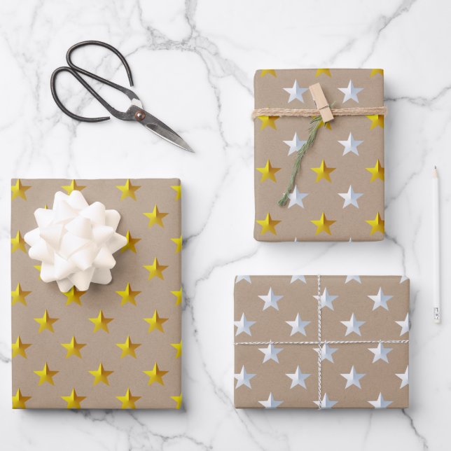 Feuille De Papier Cadeau Étoiles d'or Rustique Kraft Noël (Recto)