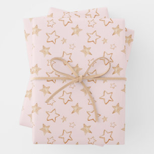 Feuille De Papier Cadeau Étoiles d'or sur rose