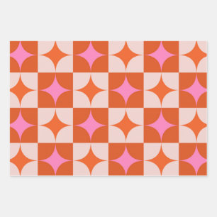 Feuille De Papier Cadeau Étoiles explosées rose orange milieu du siècle à c