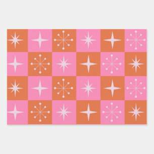 Feuille De Papier Cadeau Étoiles explosives roses et orange à carreaux du m