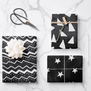 Feuille De Papier Cadeau Étoiles gribouillées noir blanc délavé