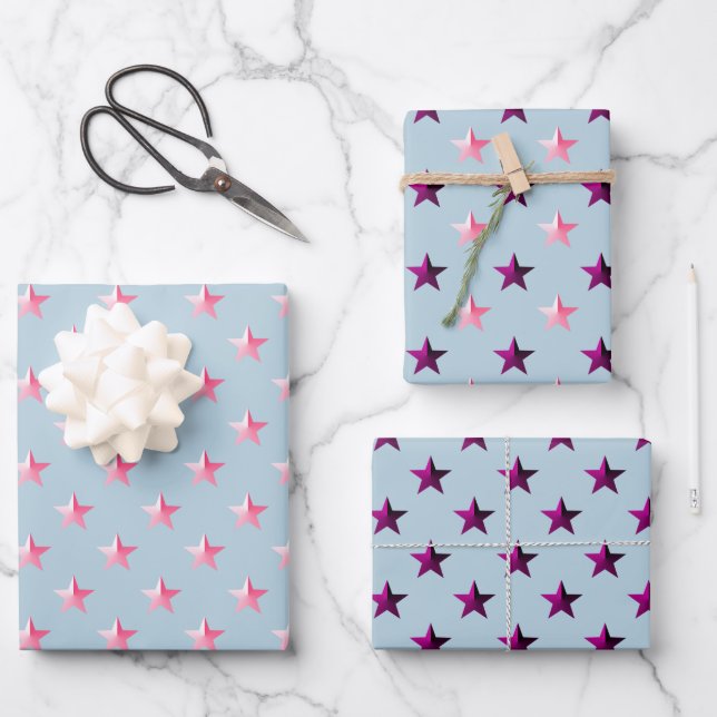 Feuille De Papier Cadeau Étoiles violet rose pourpre bleu foncé (Recto)