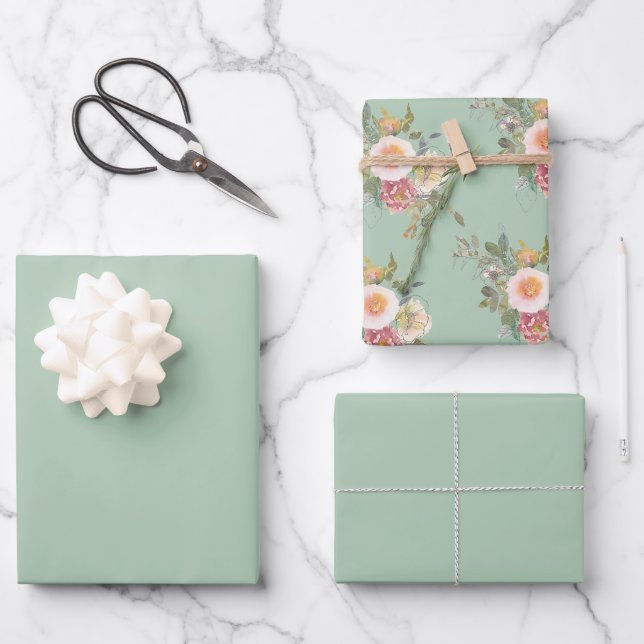 Feuille De Papier Cadeau Eucalyptus vert clair Solide et impression (Recto)