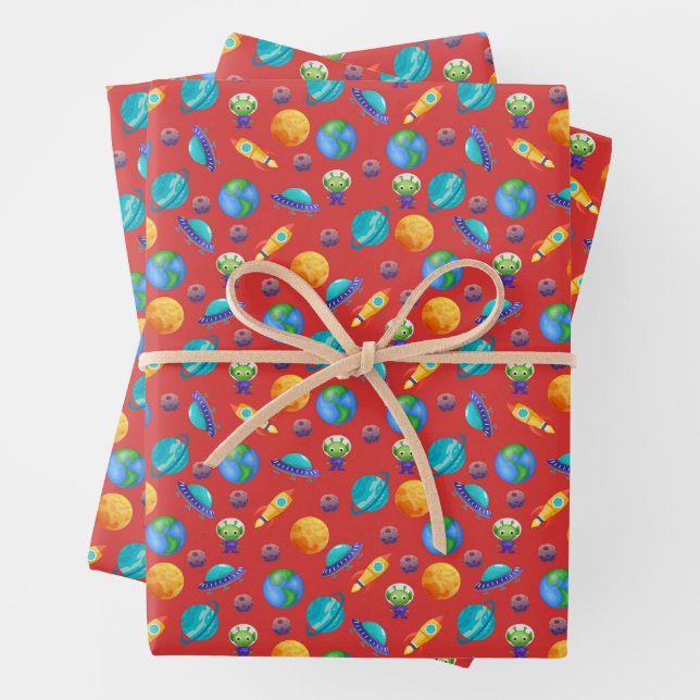 Feuille De Papier Cadeau Explorateurs spatiaux en rouge (En situation)
