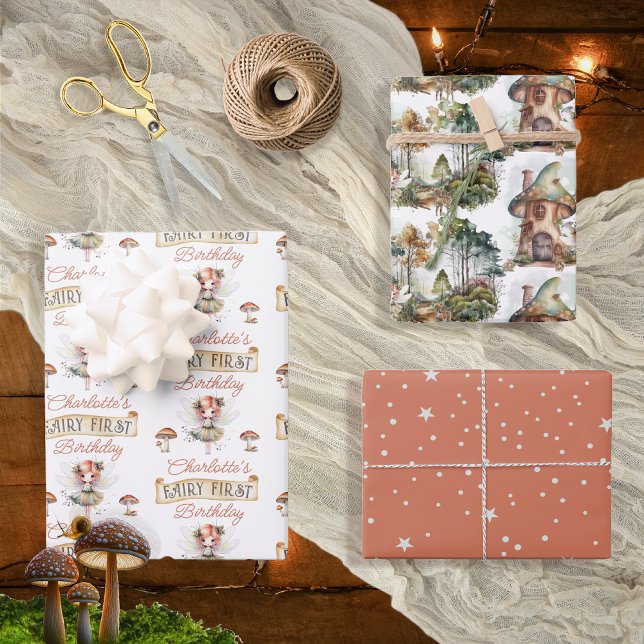 Feuille De Papier Cadeau Fairy First Woodland Animaux Champignons 1er anniv (Fairy First Woodland Animals Mushrooms Girl's 1st Birthday Wrapping Paper Trio)