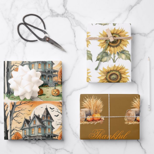 Feuille De Papier Cadeau Fall All Occasions, Autumn Sunflower, Fall Pumpkin (Recto)