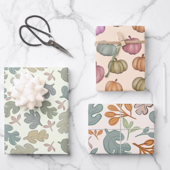 Feuille De Papier Cadeau Fall Pastel Foliage & Motif Citrouille (Recto)