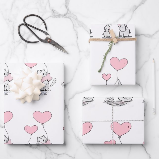 Feuille De Papier Cadeau Famille Animale Avec Ballons Coeur Rose (Recto)