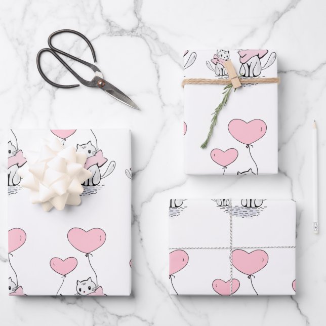 Feuille De Papier Cadeau Famille De Chats Avec Ballons Coeur Rose (Recto)