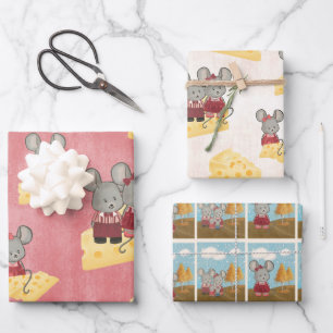 Feuille De Papier Cadeau Famille de souris mignonne et fromage