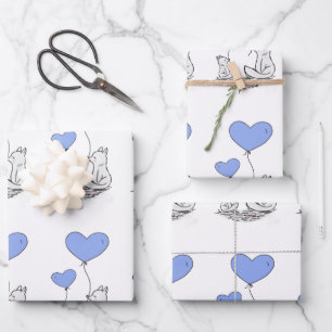 Feuille De Papier Cadeau Famille Fox Avec Ballons Coeur Bleu