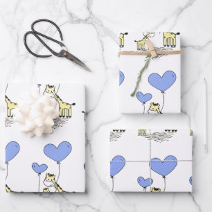 Feuille De Papier Cadeau Famille Giraffe Avec Ballons Coeur Bleu