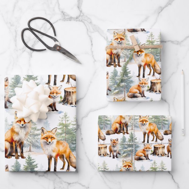 Feuille De Papier Cadeau Famille Renard Rouge Dans La Forêt (Recto)