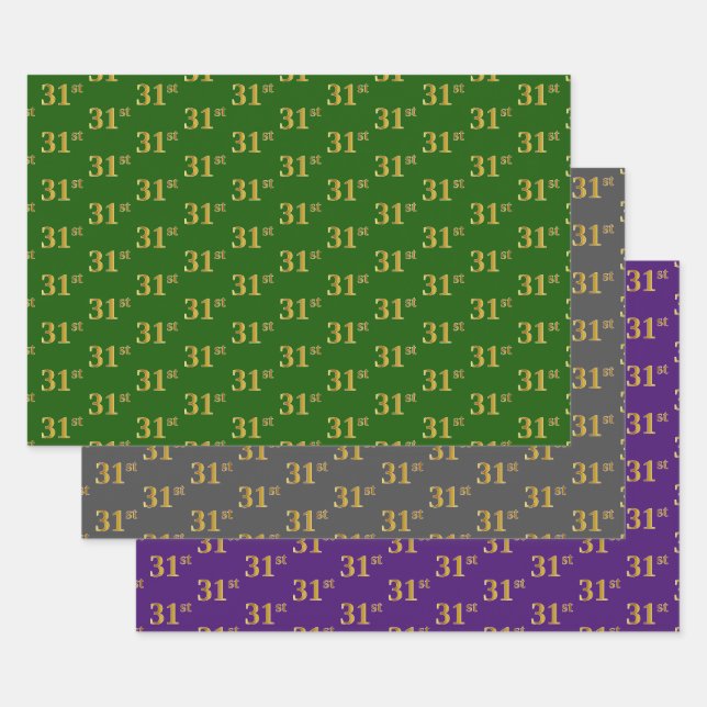 Feuille De Papier Cadeau Fancy Green, Grey, Purple, Faux Gold 31e Événement (Lot)