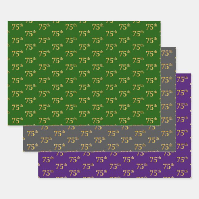 Feuille De Papier Cadeau Fancy Green, Grey, Purple, Faux Gold 75th Event # (Lot)