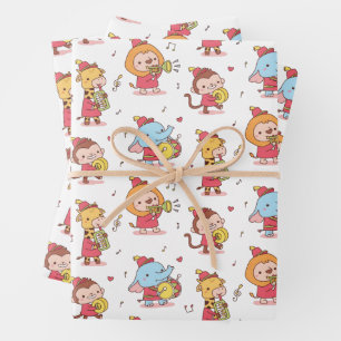Feuille De Papier Cadeau Fanfare musicale d'animaux mignons pour anniversai