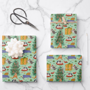 Feuille De Papier Cadeau Fantaisie Chats Livre vert de Noël