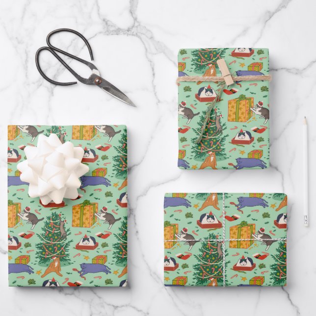 Feuille De Papier Cadeau Fantaisie Chats Livre vert de Noël (Recto)
