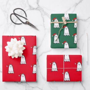 Feuille De Papier Cadeau Fantôme de Noël effrayant avec chapeau de Père Noë