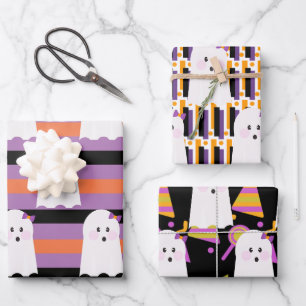 Feuille De Papier Cadeau Fantôme d'Halloween violet orange goule