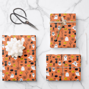 Feuille De Papier Cadeau Fantômes d'Halloween Chats Noirs Toiles d'Araignée