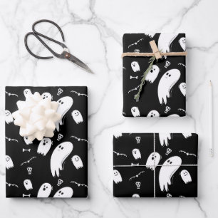 Feuille De Papier Cadeau Fantômes d'Halloween noir blanc