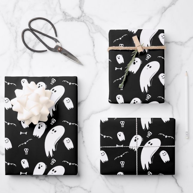 Feuille De Papier Cadeau Fantômes d'Halloween noir blanc (Recto)