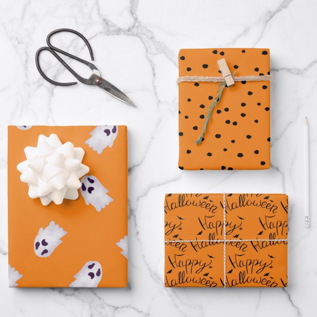 Feuille De Papier Cadeau Fantômes d'Halloween orange et noir (Recto)
