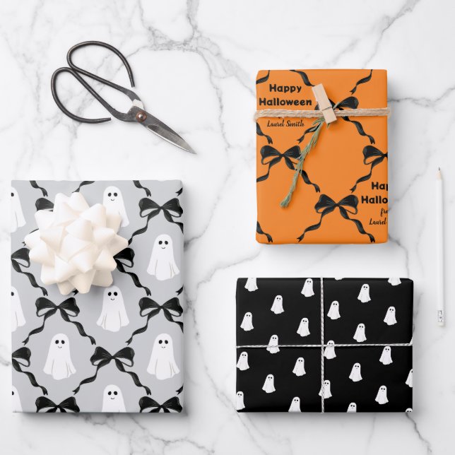 Feuille De Papier Cadeau Fantômes mignons et vaches coquette Halloween (Recto)