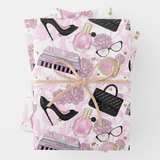 Feuille De Papier Cadeau Fashion Girl Cosmetic Pink Motif (En situation)