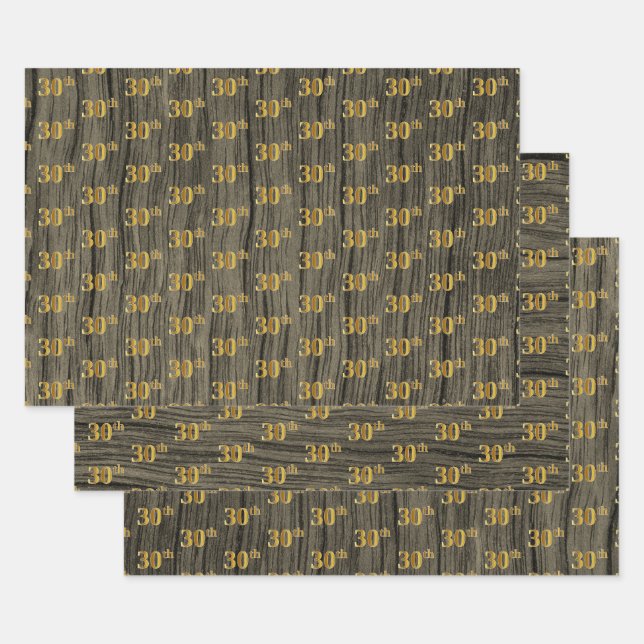 Feuille De Papier Cadeau Faux Bois Rustique, Elégant Faux Gold "30e" (Lot)