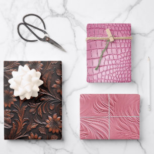 Feuille De Papier Cadeau Faux Brown rose Faux Cuir Cowgirl Floral
