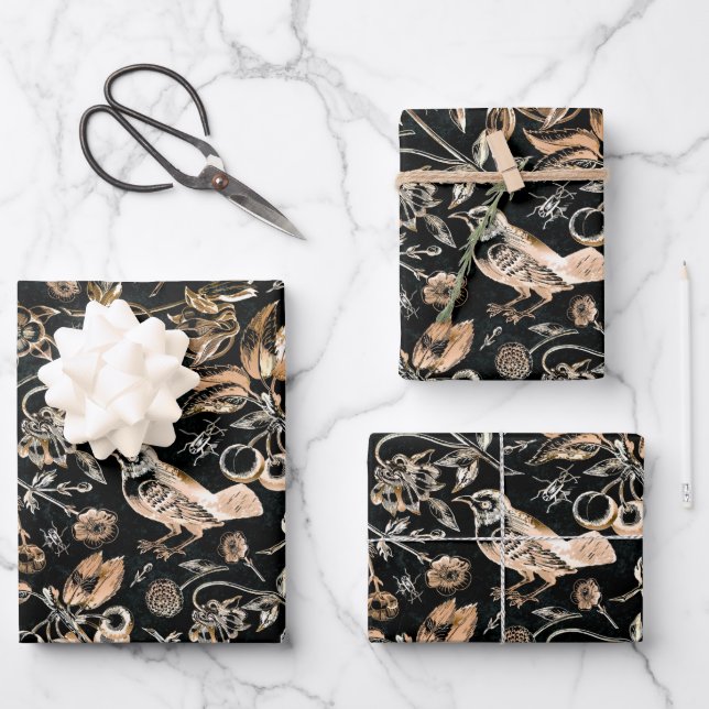Feuille De Papier Cadeau Faux Gold Bird Beetles Flowers Cherry (Recto)