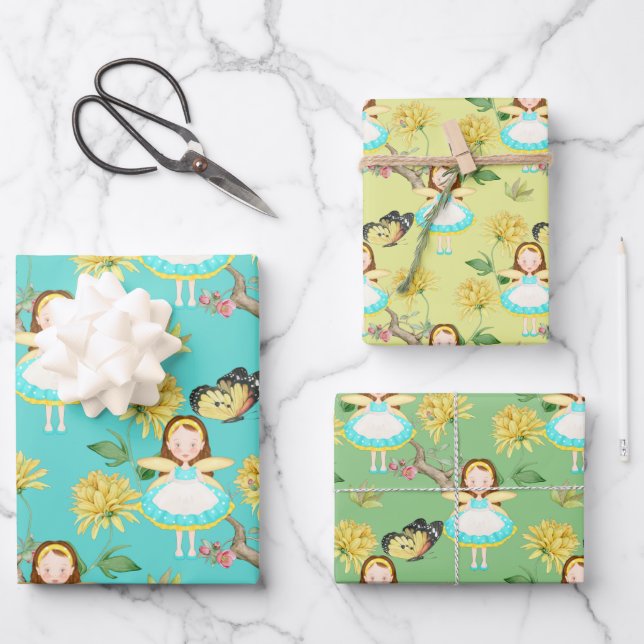 Feuille De Papier Cadeau Fée en robe bleue (Recto)