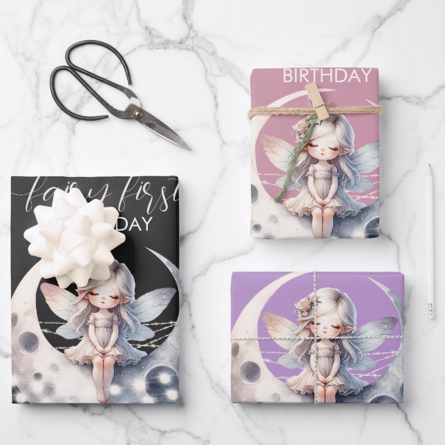 Feuille De Papier Cadeau Fée magique Première fille Joyeux anniversaire (Recto)