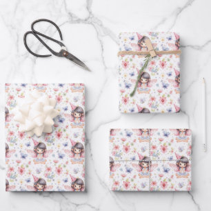 Feuille De Papier Cadeau Fée mignonne en Casquette d'anniversaire, Fleurs, 