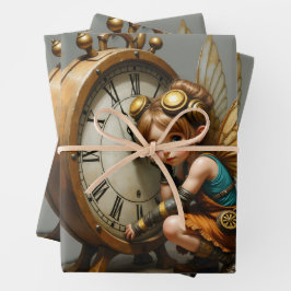 Feuille De Papier Cadeau Fée Steampunk avec ailes d'or