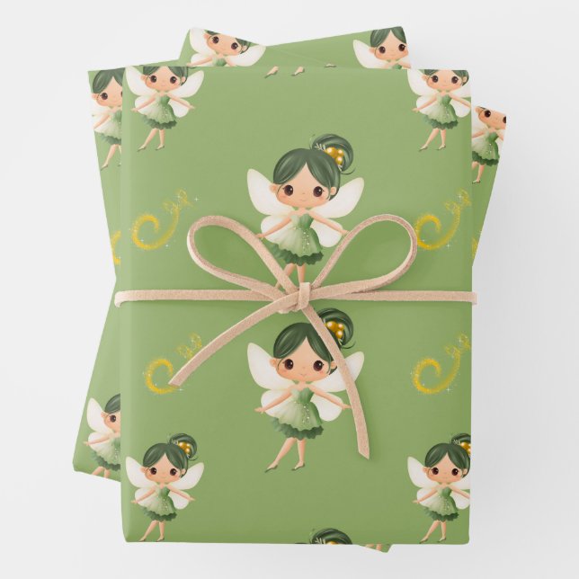 Feuille De Papier Cadeau Fée verte mignonne (En situation)