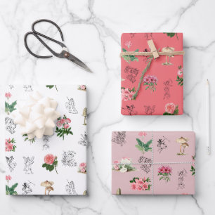 Feuille De Papier Cadeau Fées Rose Floral & Champignons Motif de fées
