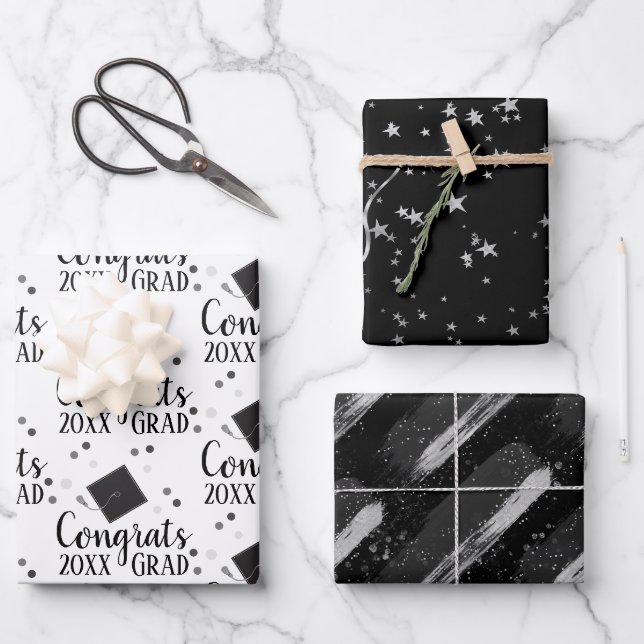 Feuille De Papier Cadeau Félicitations Grad 2024 Black and Silver Wrapping  (Recto)