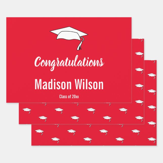 Feuille De Papier Cadeau Félicitations Red & White Grad Name Graduation (Lot)