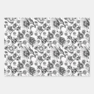Feuille De Papier Cadeau Felines florales (b&w)